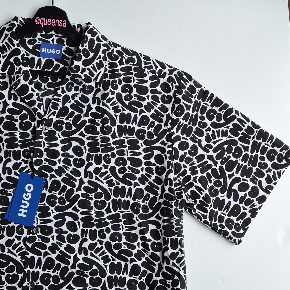HUGO Boss Eligino Button-Up Resort Shirt In Monochrome Black & White Size XL - Picture 6 of 10